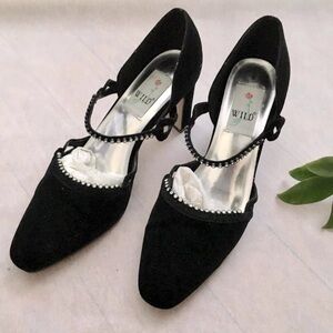 FREE Wild Rose Rhinestones Black Velvet Wide Heel Dress Formal Shoes